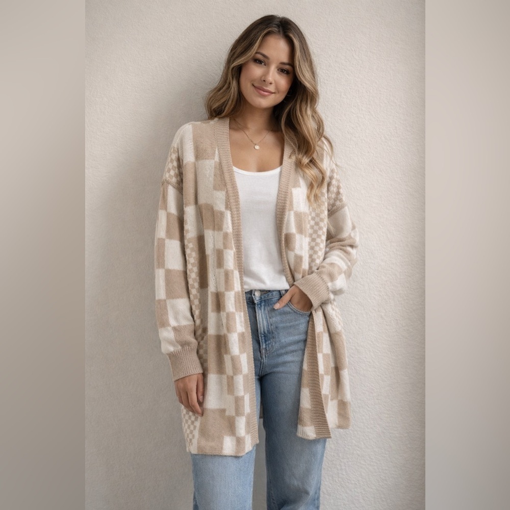 Checkered Beige and White Women's Open Front Cardigan Sweater Oversized Medium